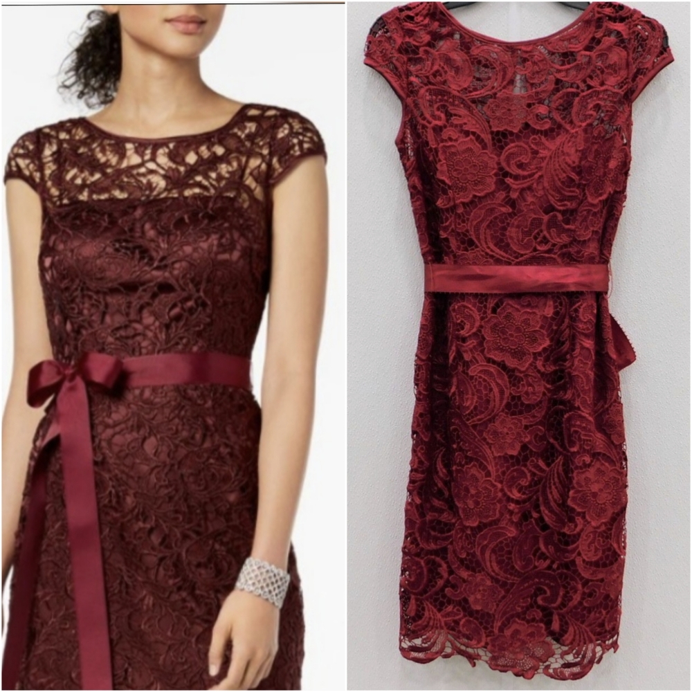 Adrianna Papell Rose Red Lace Illusion Party Dress XS